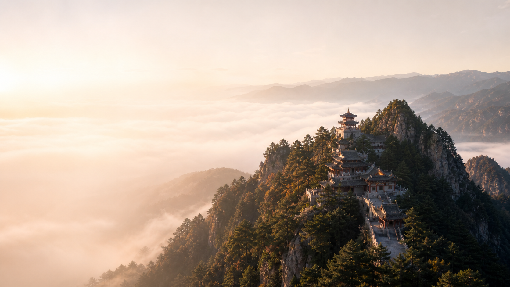 晨光与云海中的崆峒山建筑群