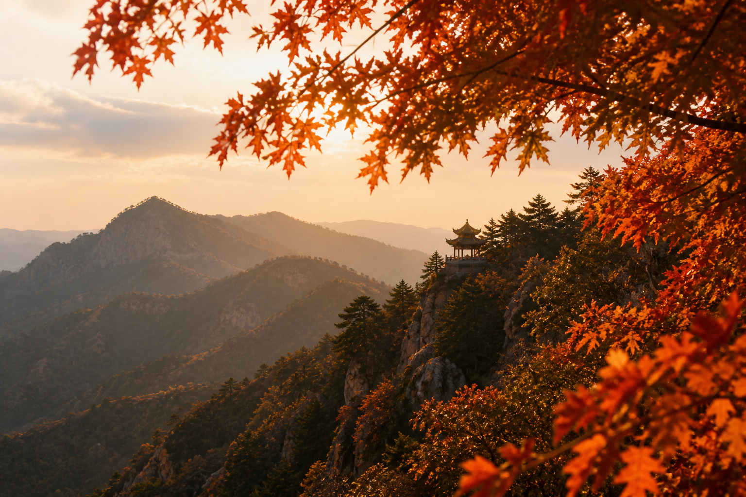 秋日红叶与崆峒山色